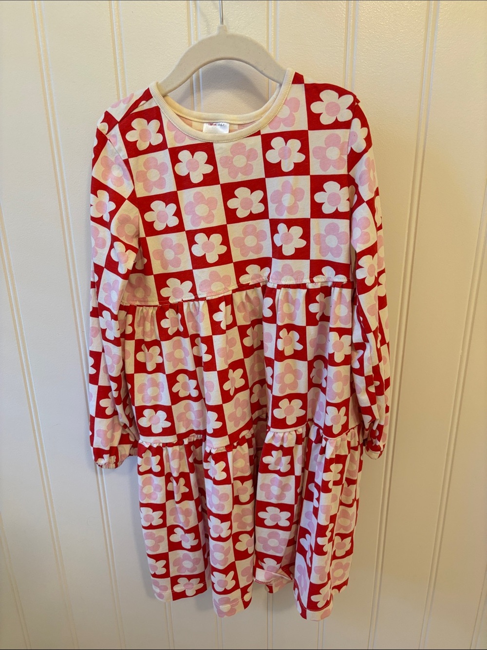 Red & Pink Floral Check Tiered Dress